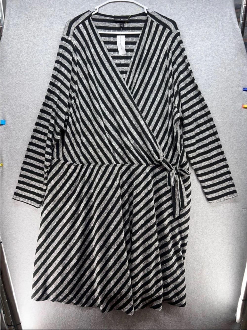 Lane Bryant Black and Gray Striped Wrap-Style Midi Dress